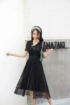Pleated dress summer new dress women waist free skirt elastic shrink skirt lace dress