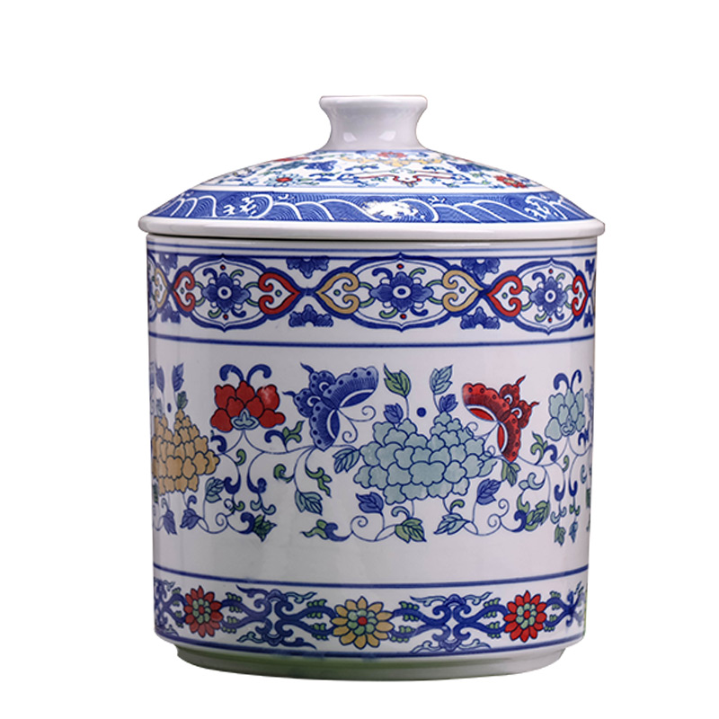 Jingdezhen blue and white porcelain ceramic tea pot large household seal puer tea cake box of moistureproof and tea tea pot