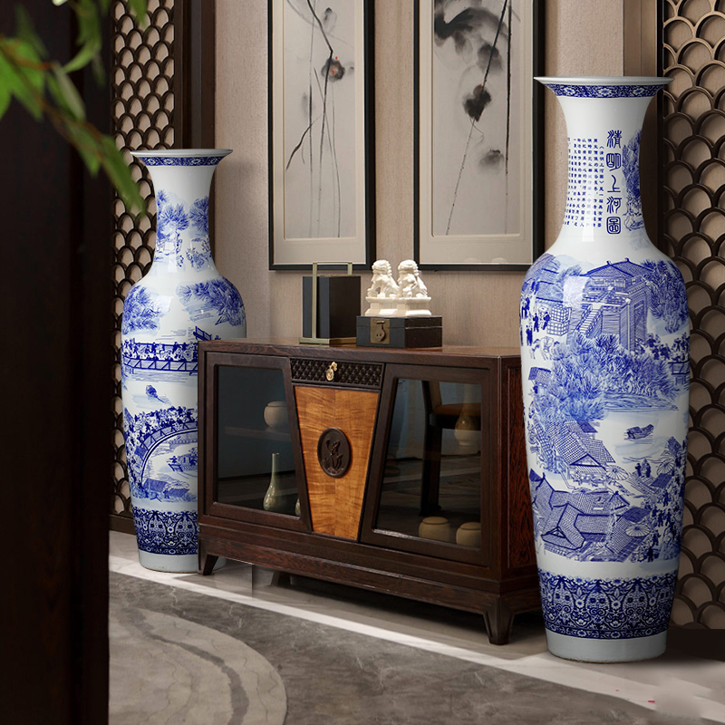 Blue and white porcelain of jingdezhen ceramics qingming scroll of large vases, Chinese style living room TV cabinet decorative furnishing articles