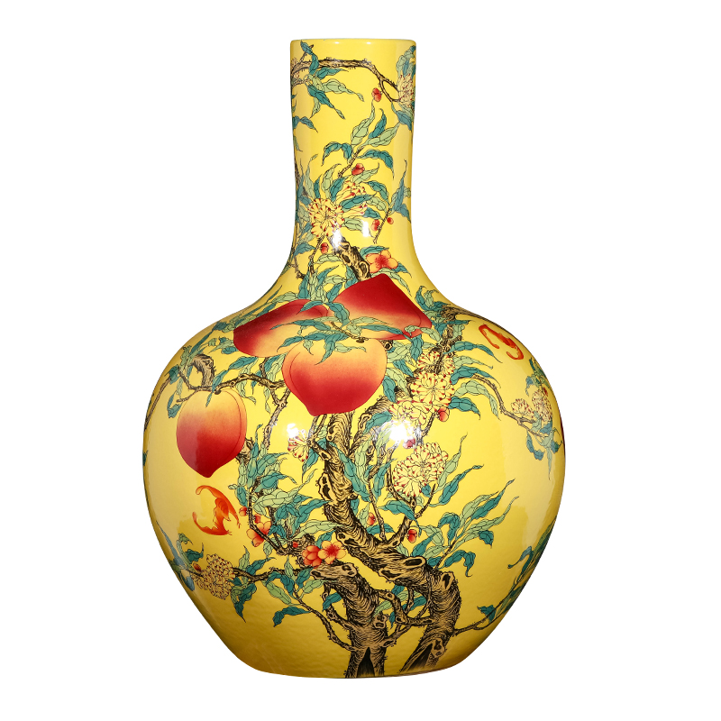 Jingdezhen ceramics nine yellow peach figure vase furnishing articles living room flower arranging large Chinese style household ornaments