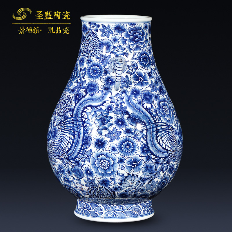 Jingdezhen ceramics imitation qianlong hand - made double phoenix antique Chinese blue and white porcelain vase sitting room adornment is placed
