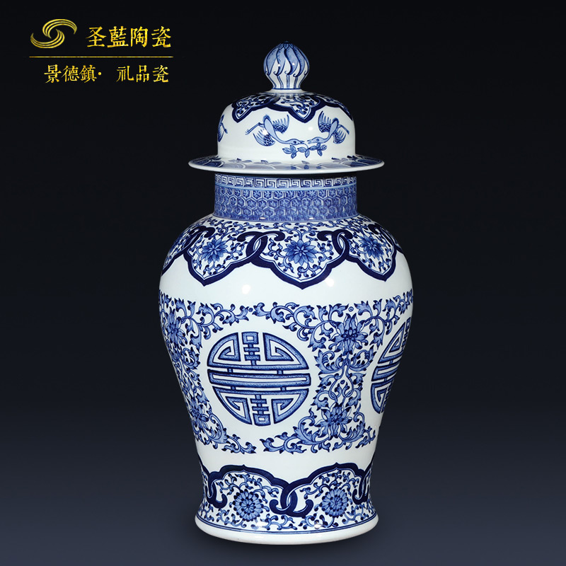 Jingdezhen ceramics by hand antique general blue and white porcelain jar of furnishing articles of new Chinese style living room decoration decoration