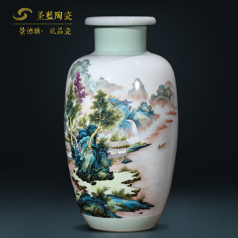 Jingdezhen ceramics green glaze landscape painting rich ancient frame home decoration wine furnishing articles vases, flower arranging the living room