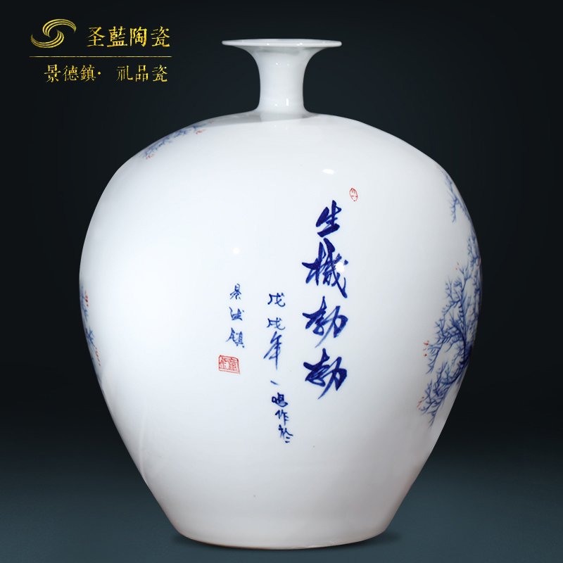 Jingdezhen ceramics famous master hand draw large blue and white porcelain vases, Chinese style living room TV cabinet porch place