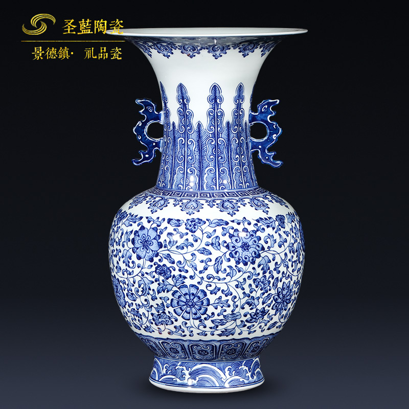 Jingdezhen ceramics imitation qianlong hand - made the ears of the blue and white porcelain vases, new Chinese style sitting room adornment is placed