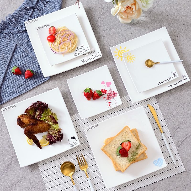 Steak plate household creative Nordic ceramic plate, lovely dishes breakfast tray square plate flat western dishes