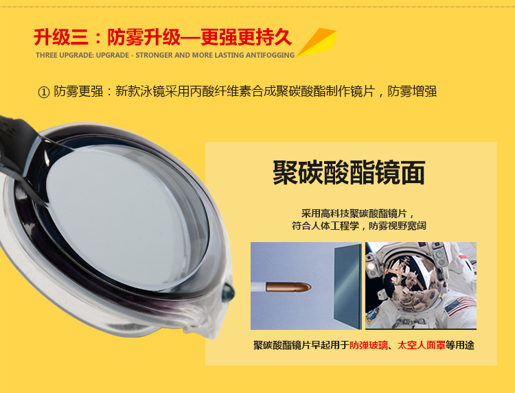 升级三:防雾升级一更强更持久①防雾更强:新款泳镜采用丙酸纤维素合成聚碳酸酯制作镜片,防雾增强聚碳酸酯镜面釆用高科技聚碳酸酯镜片符合人体工程学,防雾视野宽阔聚碳酸酯镜片早起用于防弹玻璃、太空人面罩等用途-推好价 | 品质生活 精选好价