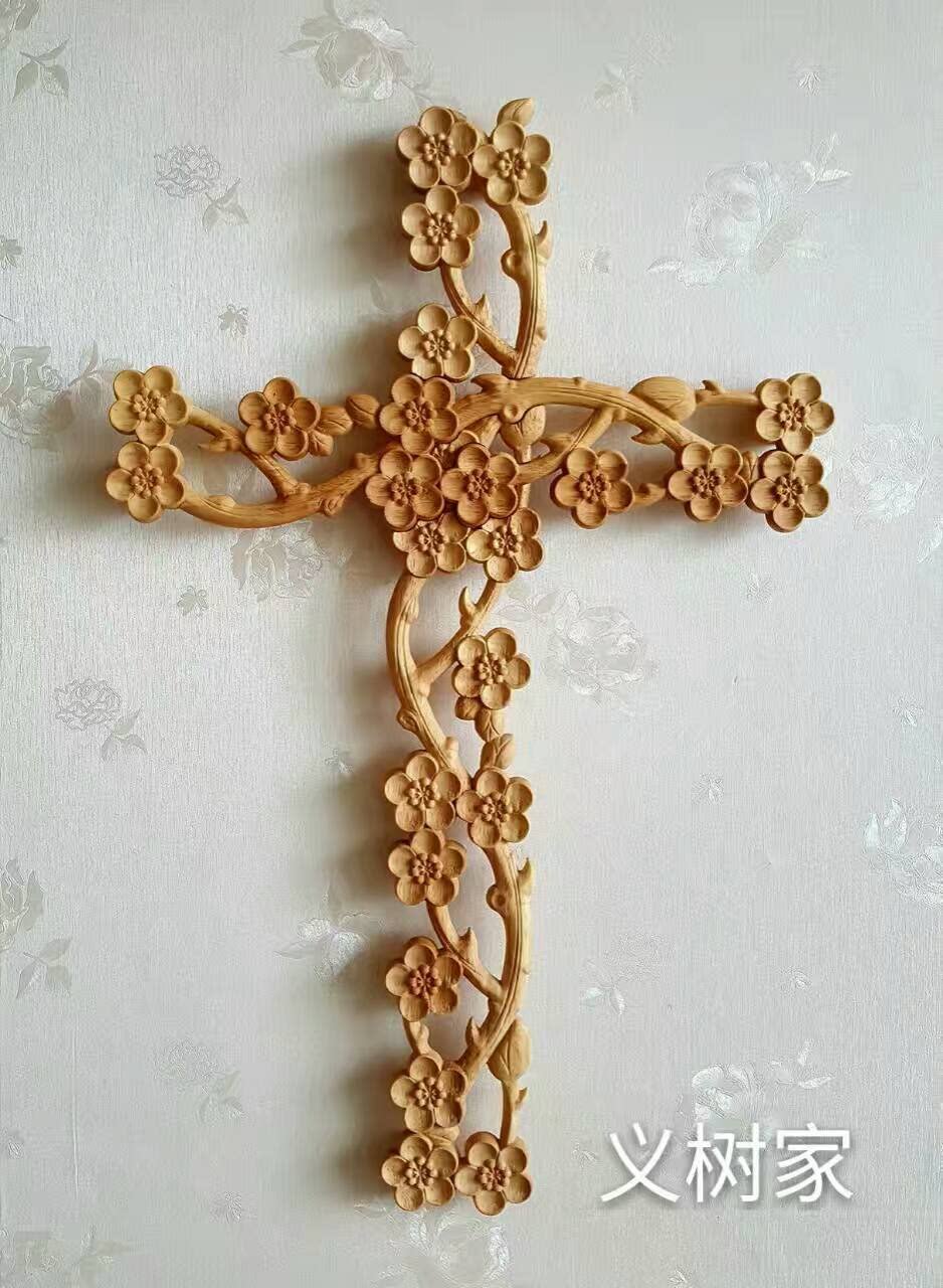 基督教挂壁十字架72072中国梅镂空雕花木梅花十字架55cm 现货新款
