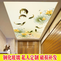 New Chinese Ceiling Art Glass Light Transmission Ceiling Aisle Hallway Nine Fish Toho Flower Tempered Glass Decoration Suspended Ceiling