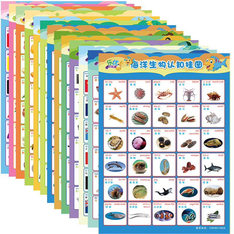 宝宝启蒙海洋生物认知挂图无声婴幼儿童看图识字全早教墙贴画海报