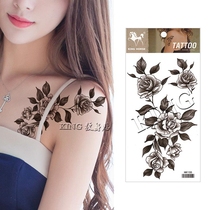 KING tattoo sticker waterproof female durable black and white rose collarbone sexy simulation plant tattoo sticker