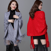 Autumn and winter cashmere shawls womens outer cheongsam 2020 new with sleeves cloak spring and autumn sequins tassel cape coat