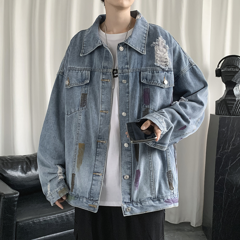 破洞牛仔外套男潮牌潮流ins高街嘻哈宽松休闲设计感涂鸦工装夹克
