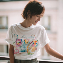 Hong Kong counter summer 2021 new white short sleeve T-shirt female round neck print star with cotton top