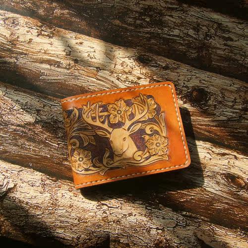 包邮 定制 头层牛皮雕刻 纯手工"鹿鹿*平安钱包 真皮梅花鹿钱夹