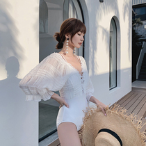 Swimsuit female small chest conservative conjoined belly belly thin ins Wind fairy fan bubble sleeve hot spring sexy swimsuit