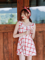 Korean hipster plaid special swimsuit female Conservative one dress Belly Belly Belly thin gathering student swimsuit