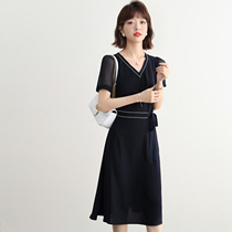 FENPERATE French style trendy Tibetan blue dress dress Women 2022 Summer display slim and white elastic snowspun skirts