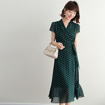 FENPERATE French style elegance V neckline Poot point one-piece dress 2022 Summer new lace collection waist display slim womens dress