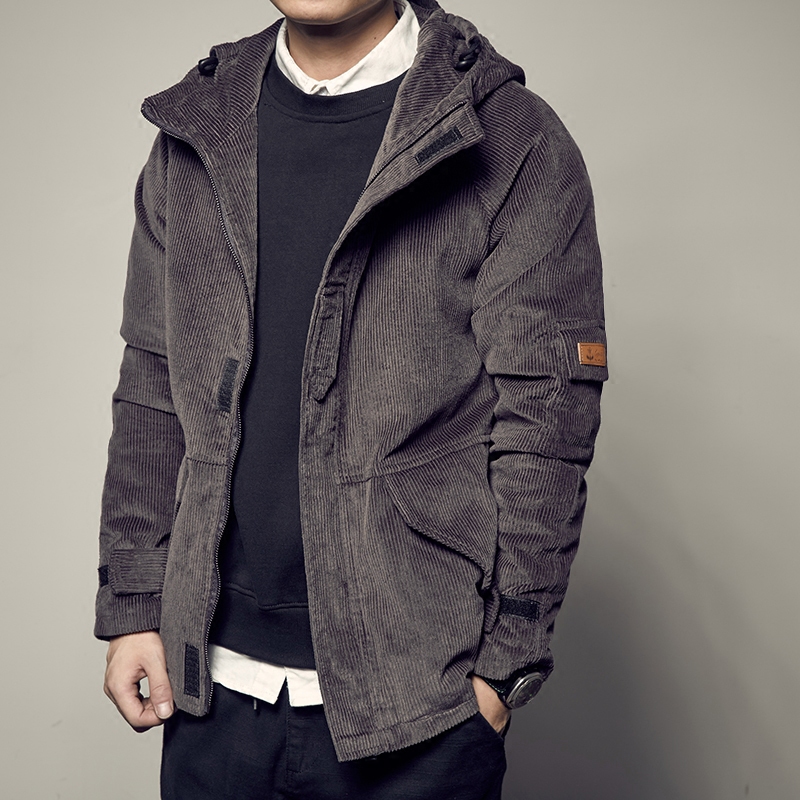 男道秋冬新款原创复古灯芯绒连帽夹克男青年