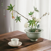 (- Wanqing -)Ru Green high foot water plate Flower plate Zen wild glaze bowl-shaped flower device Chinese floral art Xiaohara flow