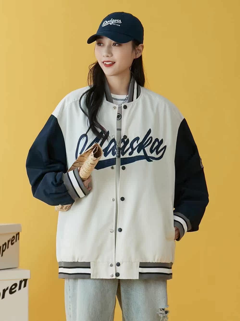 拼接色 棒球服外套女字母绣花秋季上衣2021年新款街头学生夹克isn