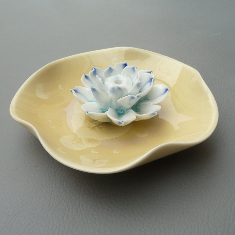 御豪景德镇陶瓷荷花檀香盘青釉艺术烛台熏香盘新香插
