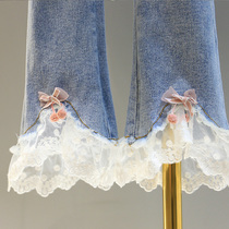 Girl Jeans Spring Autumn Dress New Ocean Qi Baby Lace Splicing Long Pants Children Elastic Denim Cloth Pants