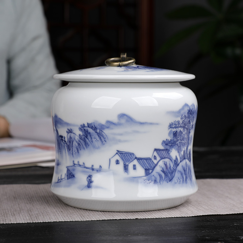 Hand made blue and white porcelain tea pot ceramic small copper ring cover storage POTS home half jins to seal pot