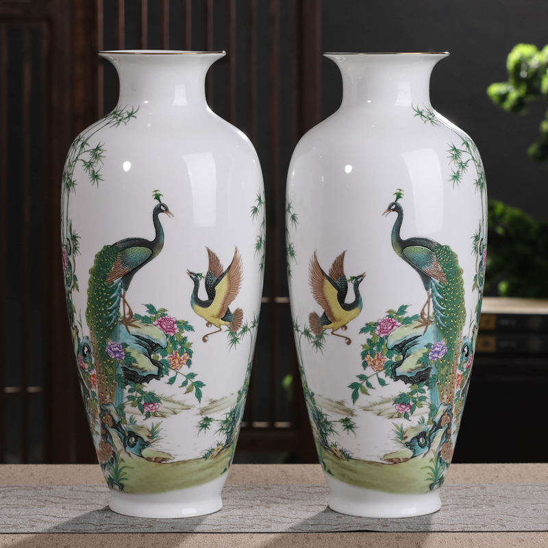 Jingdezhen pastel thin foetus vase furnishing articles Chinese flower arranging sitting room TV cabinet ceramic decoration peacock a bottle