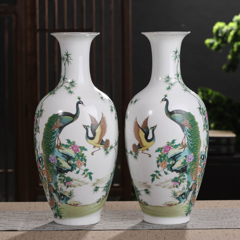 Jingdezhen pastel peacock ceramic vase furnishing articles sitting room flower arranging TV ark, study household decorates a bottle