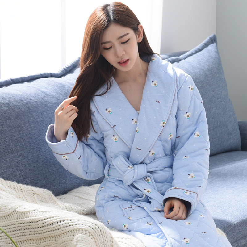 冬季夹棉睡袍女款三层加厚中长款冬天可爱少女士纯棉睡衣性感浴袍