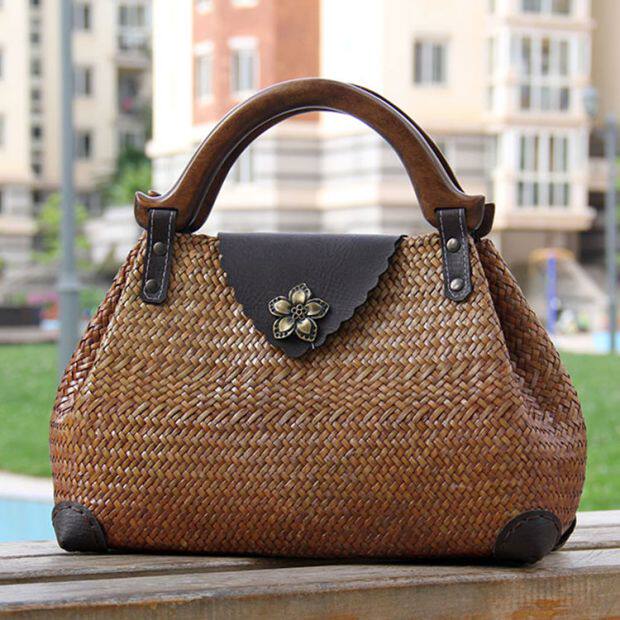 草编包 泰国进口复古女式手提包 逛街休闲旅行沙滩包竹编藤编包