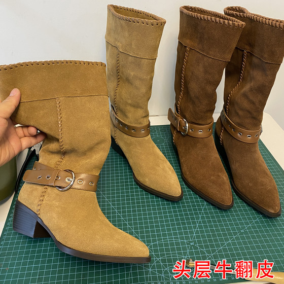 Pure handmade leather pointed toe matte mid-tube boots slim fashion boots thick heel pointed western denim boots stacked boots for women
Pure handmade leather pointed toe matte mid-tube boots slim fashion boots thick heel pointed western denim boots stacked boots for women
