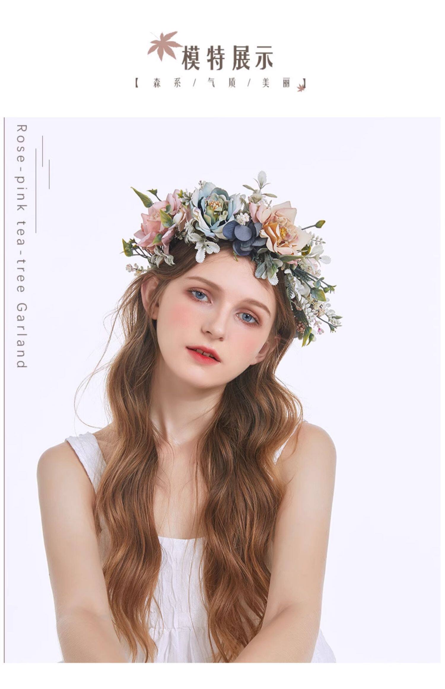 复古森系花环角色扮演优雅玫瑰花圈紧密饱满花冠气质假花头饰头花