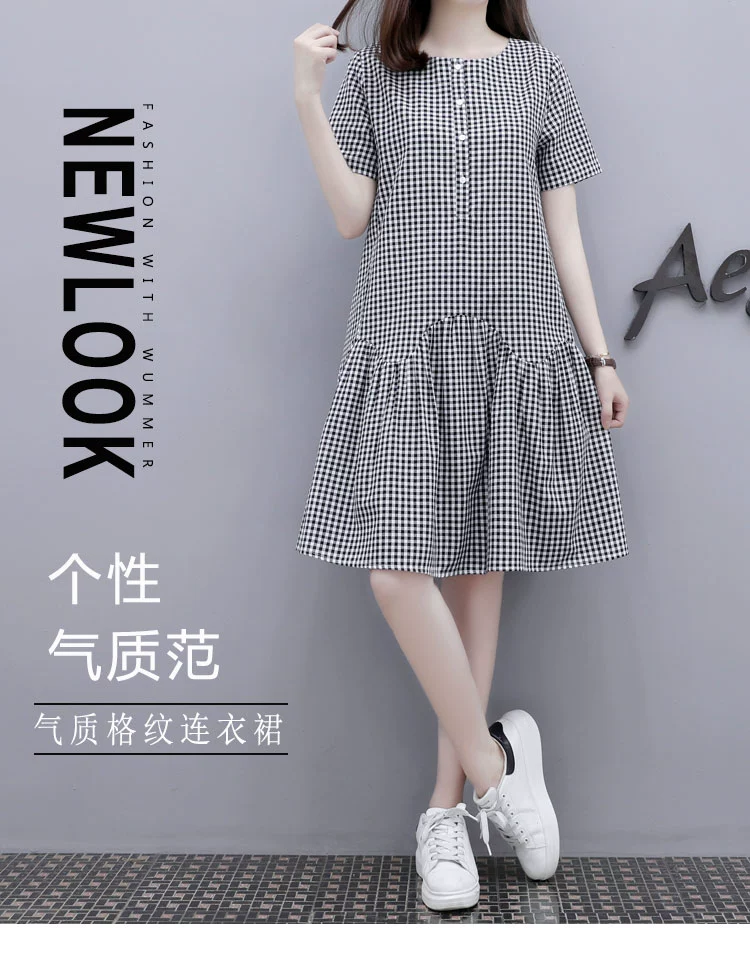 Ga châu Âu mùa hè mới của phụ nữ vải cotton và vải lanh dài trung bình váy một đường kẻ sọc váy đầm kẻ sọc cỡ lớn - váy đầm