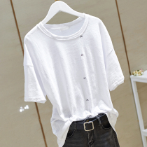 The new Korean version of the 2022 Han Duan round-collar bamboo festival short-sleeved t-shirt for women loose holes in the five-and-a-half-sleeved top shirt tide