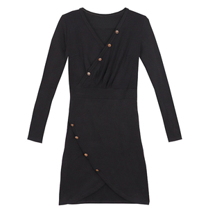 Sexy low chest V-neck irregular dress autumn winter long sleeve