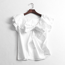 R460 temperament women's summer new simple solid color lotus collar back bow short sleeve blouse