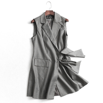 I525 women's autumn new European and American pure color slim lace-up collar sleeveless coat women's windbreaker