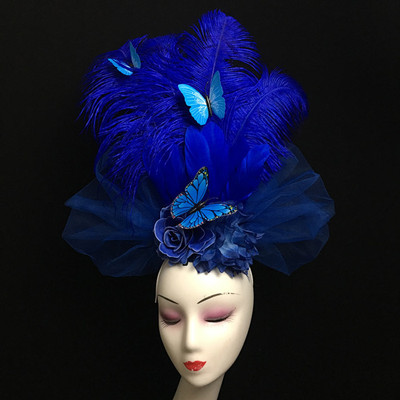 Chinese Style Blue Butterfly Feather Headdress Headdress Stage Model Show Performance Photography Bride Creative Modeling Female