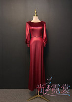 Rental rental high-end long burgundy gold velvet hand-nailed dinner party banquet dress host dress