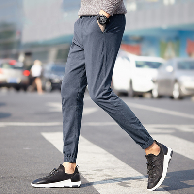 裤子男休闲裤九分裤子夏季棉麻直筒小脚