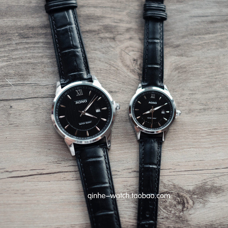 香港奥诺aono商务休闲黑色日历星期情侣真皮防水男女士手表_不打折
