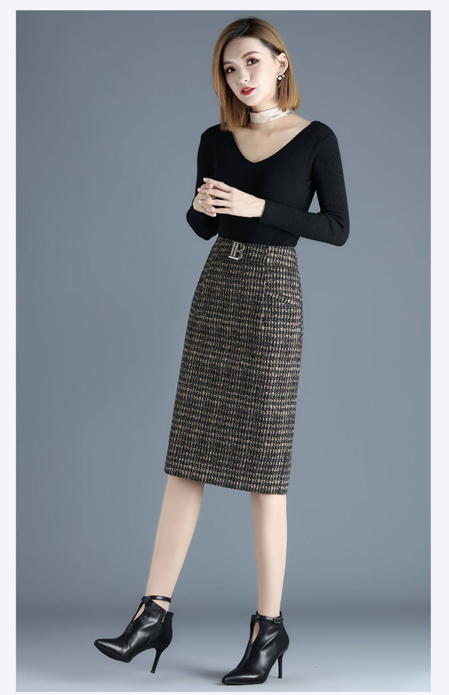 千鸟格半身裙秋冬中长款冬裙新款女毛呢包裙加厚短裙格子冬季包臀