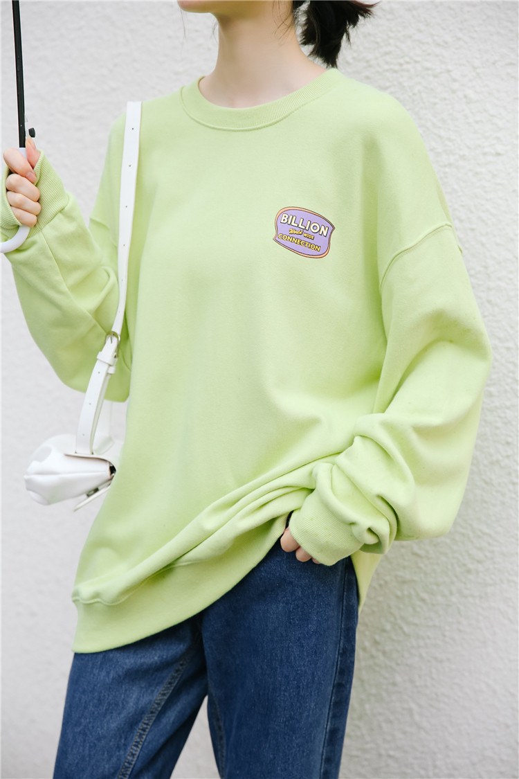 实拍新款绿色牛油果百搭印花卫衣宽松甜美上衣外套学院风