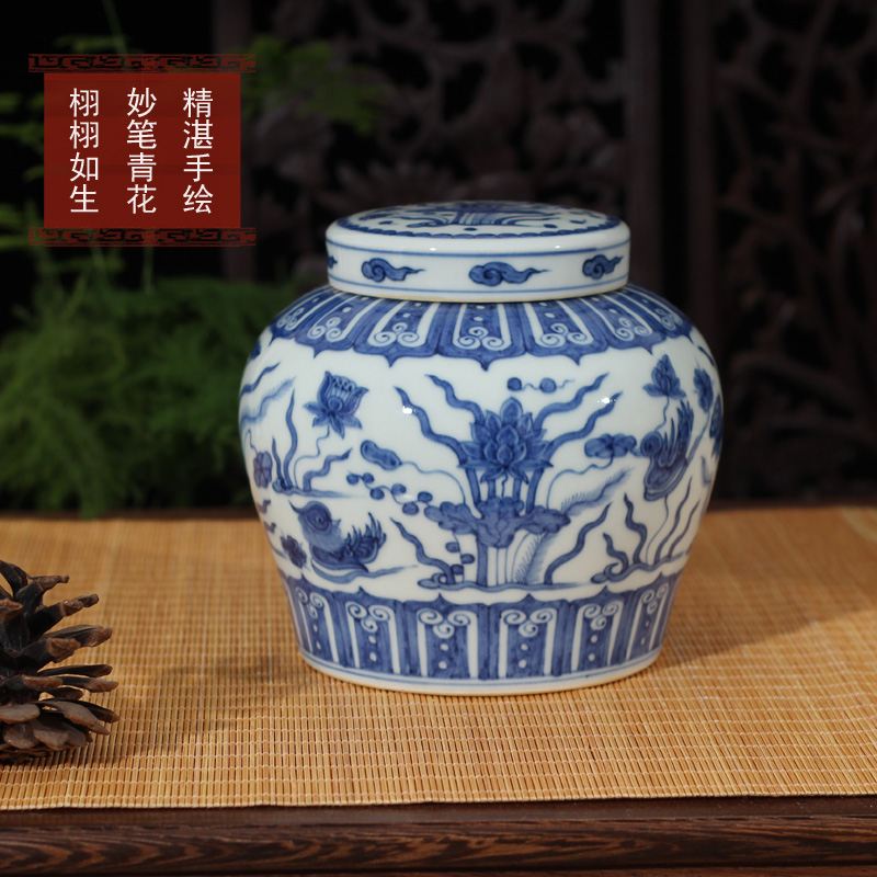 Jingdezhen archaize Ming chenghua of day can of blue and white hand draw day words can hand - made caddy fixings collection