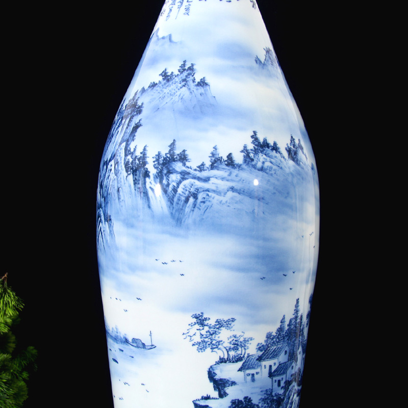 Jingdezhen blue and white landscape olive hand - made vases, 80-90 cm tall hand - made scenery belly diameter 25 or so