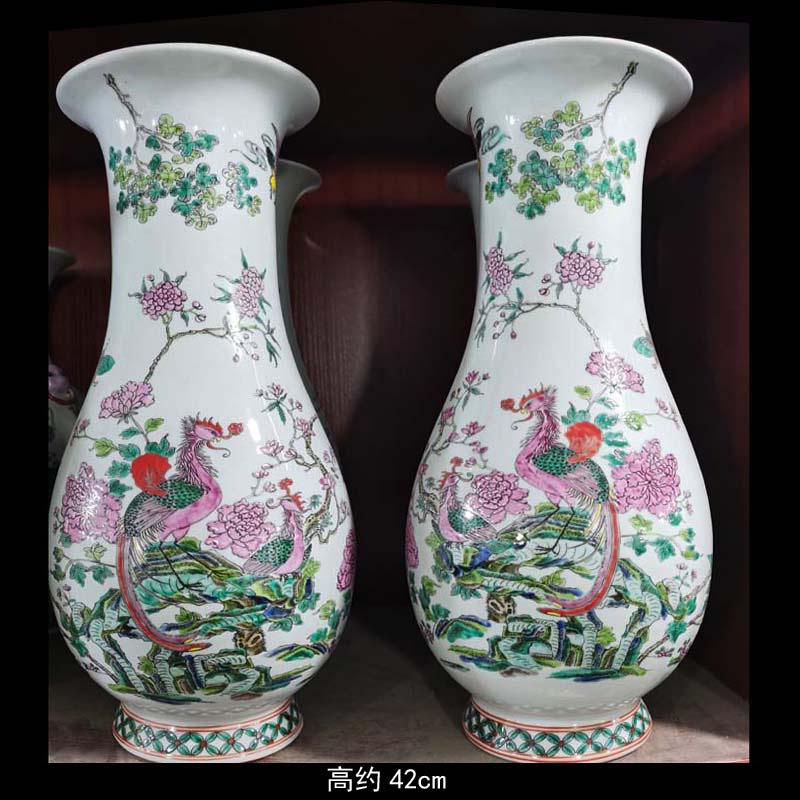 Jingdezhen pastel cranes vase lion pastel colors antique vase fish algae lines 40 high peacock 30 to 35