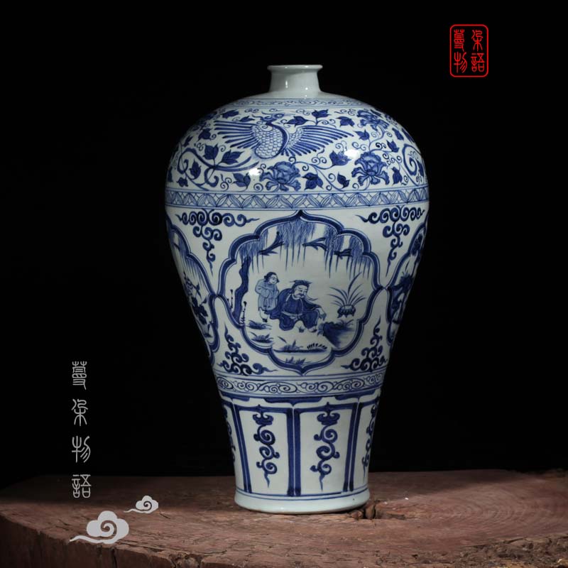 Jingdezhen yuan blue and white four love mei bottle high copy jingzhou city, hubei province museum of yuan blue and white figure four love mei bottles
